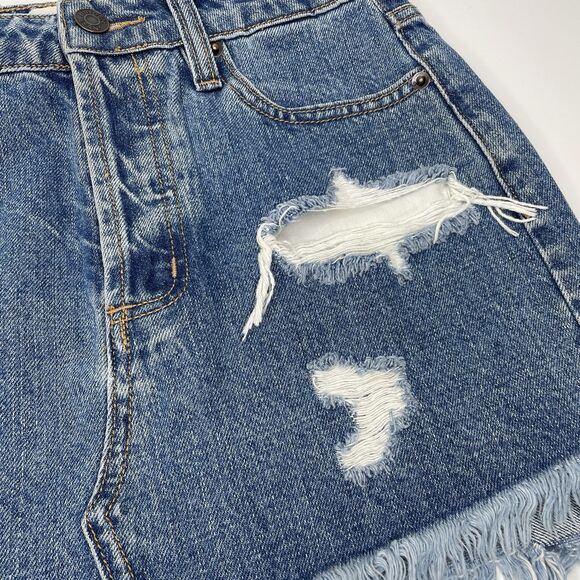 Hidden Jeans Mini Skirt Women XS Blue Floral Embroidery Distressed Denim Sexy - Picture 12 of 13